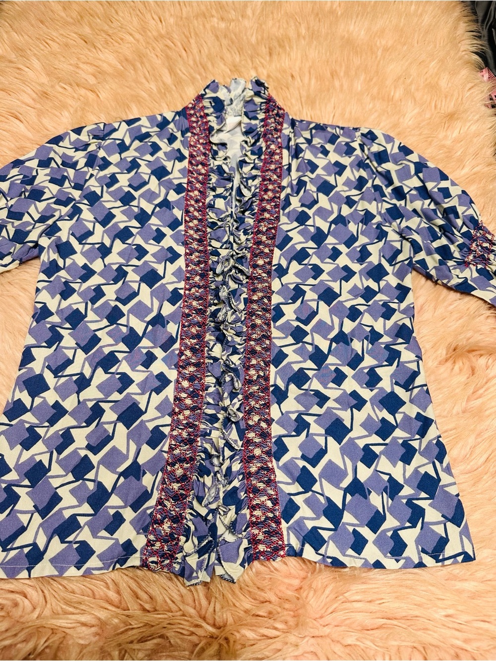 Blue Geometric Ruffle Collar Blouse - Picture 8 of 14
